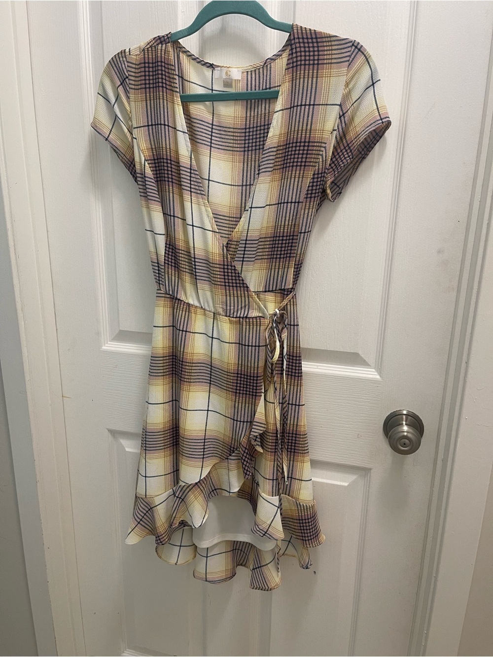 Charming Charlie Yellow and Purple Plaid Wrap High-Low Dress
